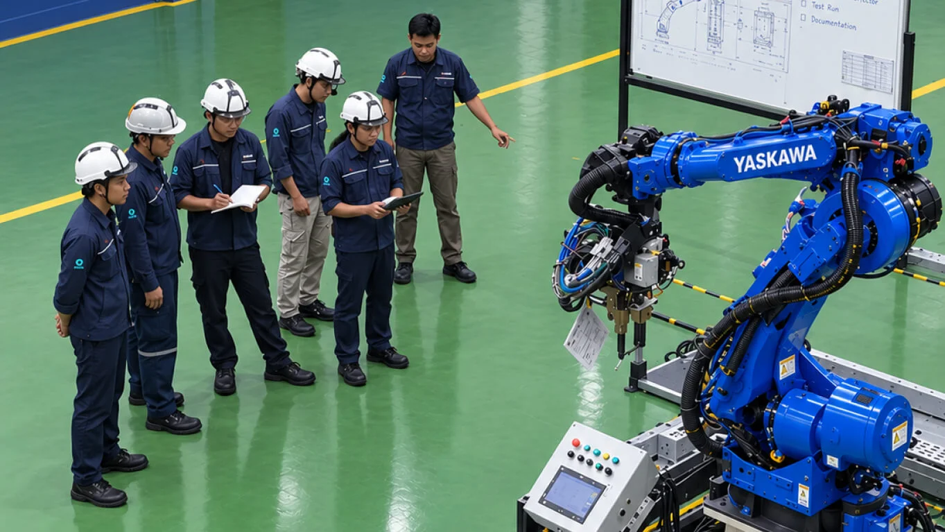 Engineering team in a briefing beside a Yaskawa robot in the workshop
