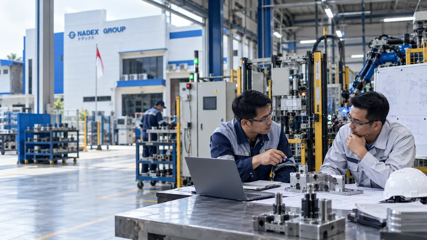 Engineers discussing an industrial assembly system inside the Nadesco facility